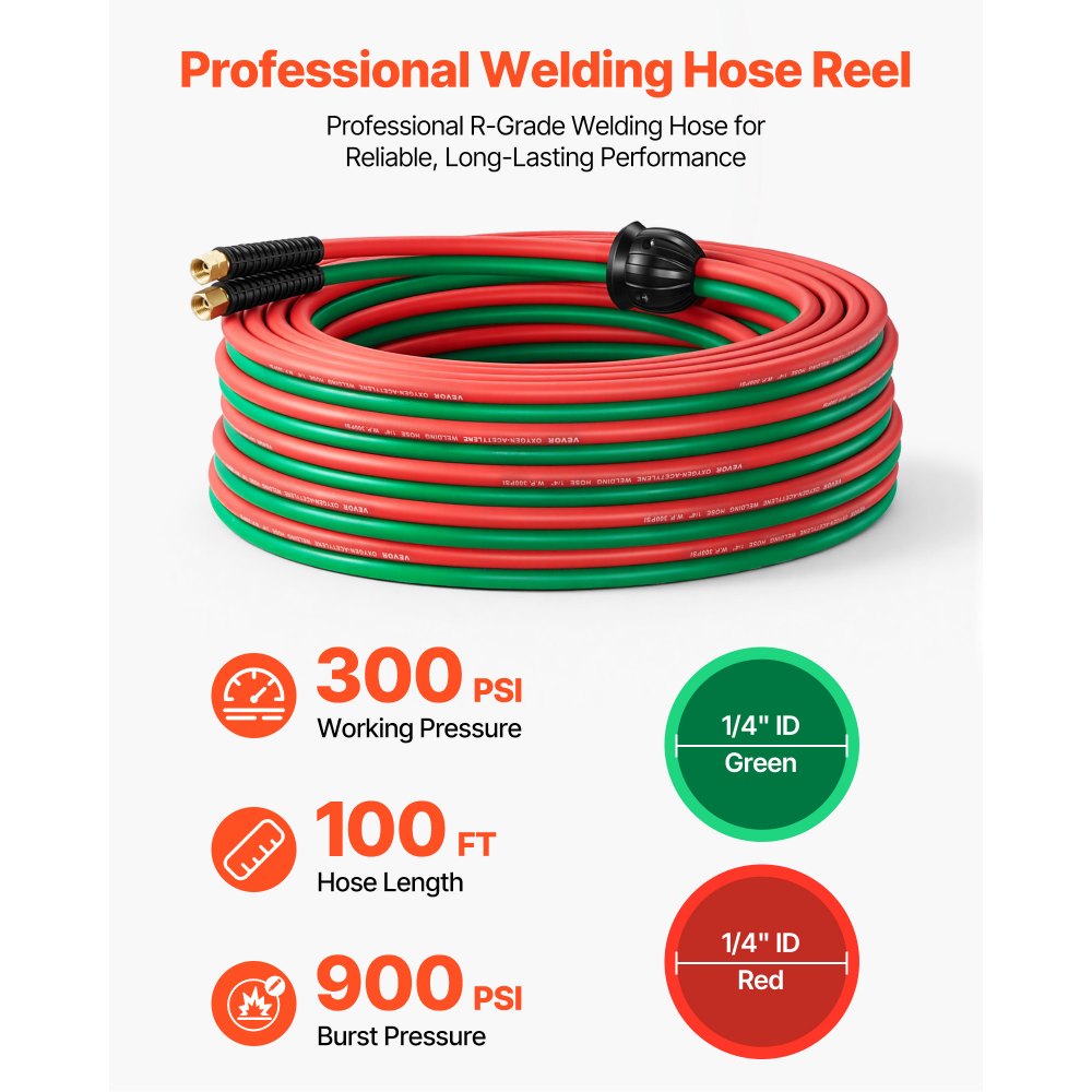 VEVOR Retractable Welding Hose Reel, 1/4 Inch x 100FT Twin Oxygen Acetylene Rubber Hose Max 300PSI - R Grade