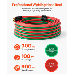 VEVOR Retractable Welding Hose Reel, 1/4 Inch x 100FT Twin Oxygen Acetylene Rubber Hose Max 300PSI - R Grade