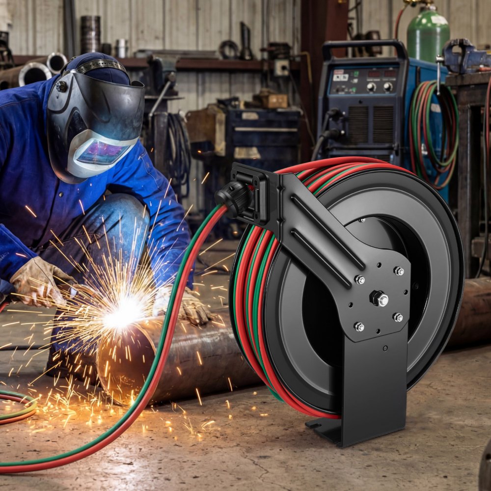 VEVOR Retractable Welding Hose Reel, 1/4 Inch x 100FT Twin Oxygen Acetylene Rubber Hose Max 300PSI - R Grade