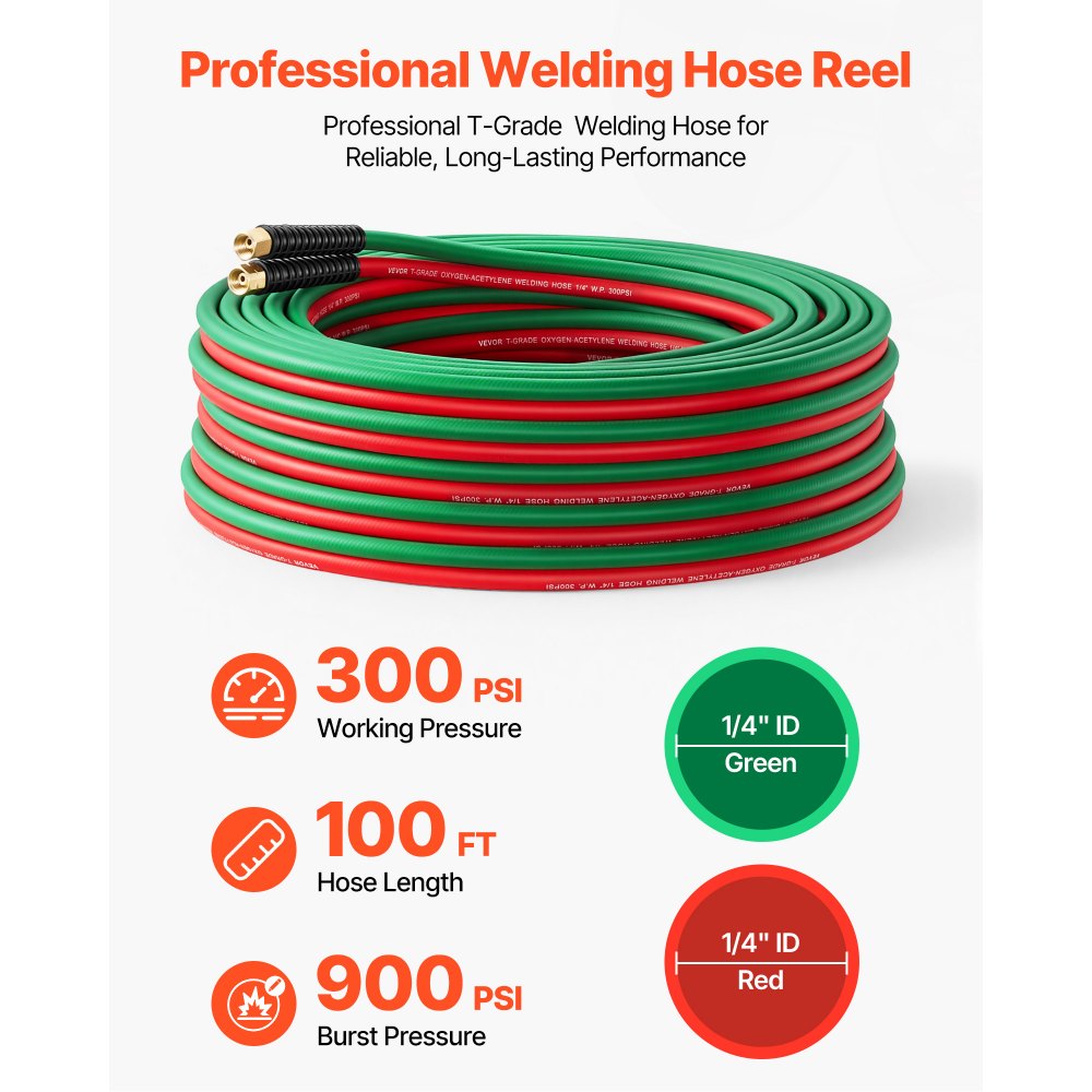 VEVOR Retractable Welding Hose Reel, Hand Crank Manual Rewind Hose Reel with 1/4 Inch x 100FT Twin Oxygen Acetylene