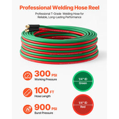 VEVOR Retractable Welding Hose Reel, Hand Crank Manual Rewind Hose Reel with 1/4 Inch x 100FT Twin Oxygen Acetylene