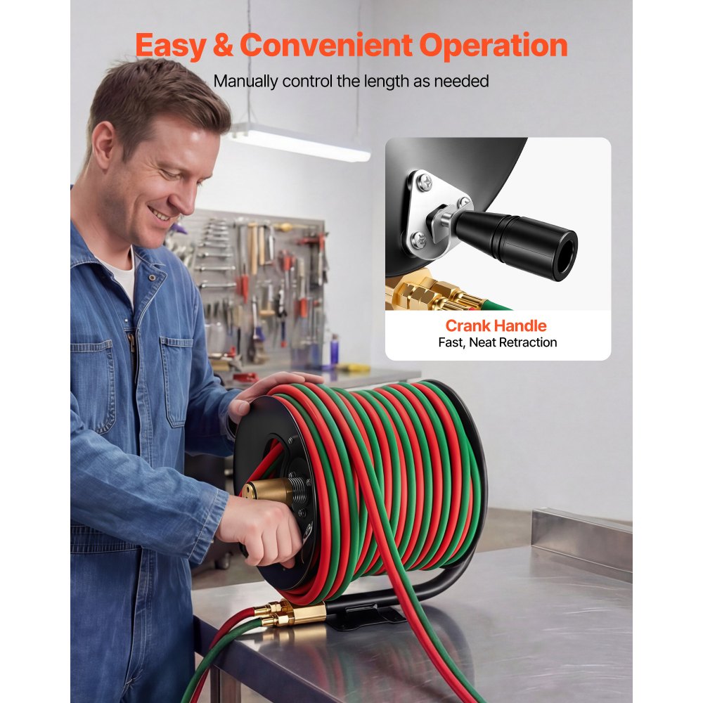 VEVOR Retractable Welding Hose Reel, Hand Crank Manual Rewind Hose Reel with 1/4 Inch x 100FT Twin Oxygen Acetylene