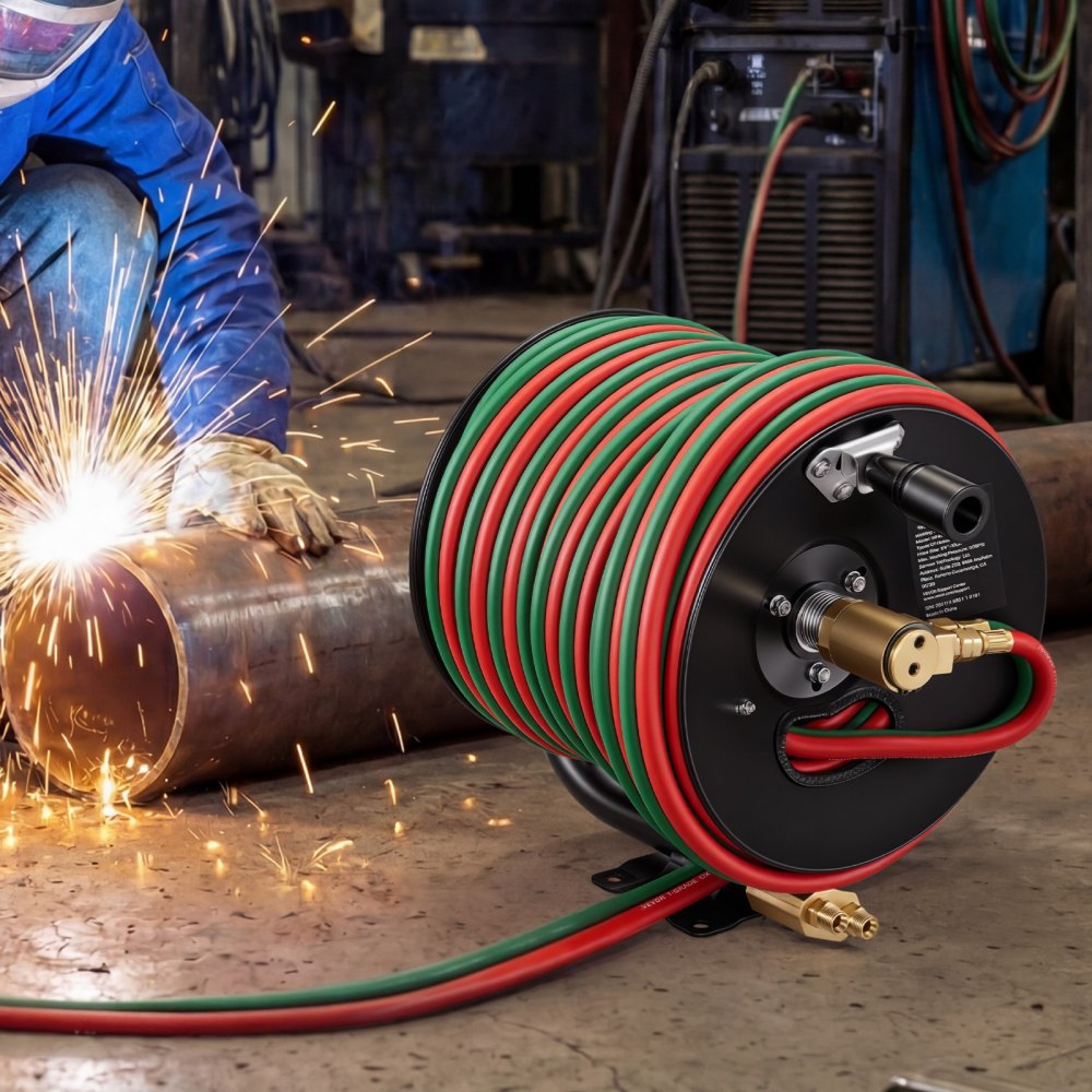 VEVOR Retractable Welding Hose Reel, Hand Crank Manual Rewind Hose Reel with 1/4 Inch x 100FT Twin Oxygen Acetylene