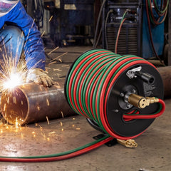 VEVOR Retractable Welding Hose Reel, Hand Crank Manual Rewind Hose Reel with 1/4 Inch x 100FT Twin Oxygen Acetylene