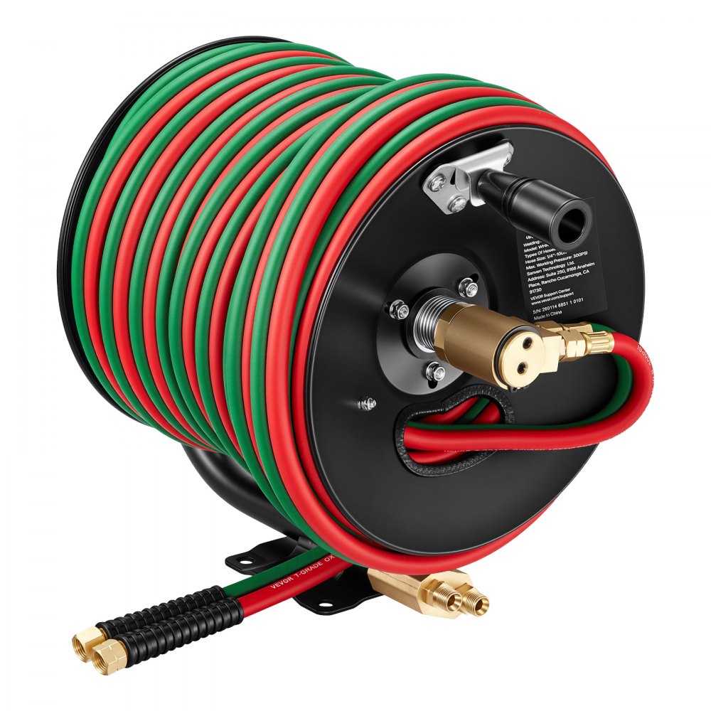 VEVOR Retractable Welding Hose Reel, Hand Crank Manual Rewind Hose Reel with 1/4 Inch x 100FT Twin Oxygen Acetylene