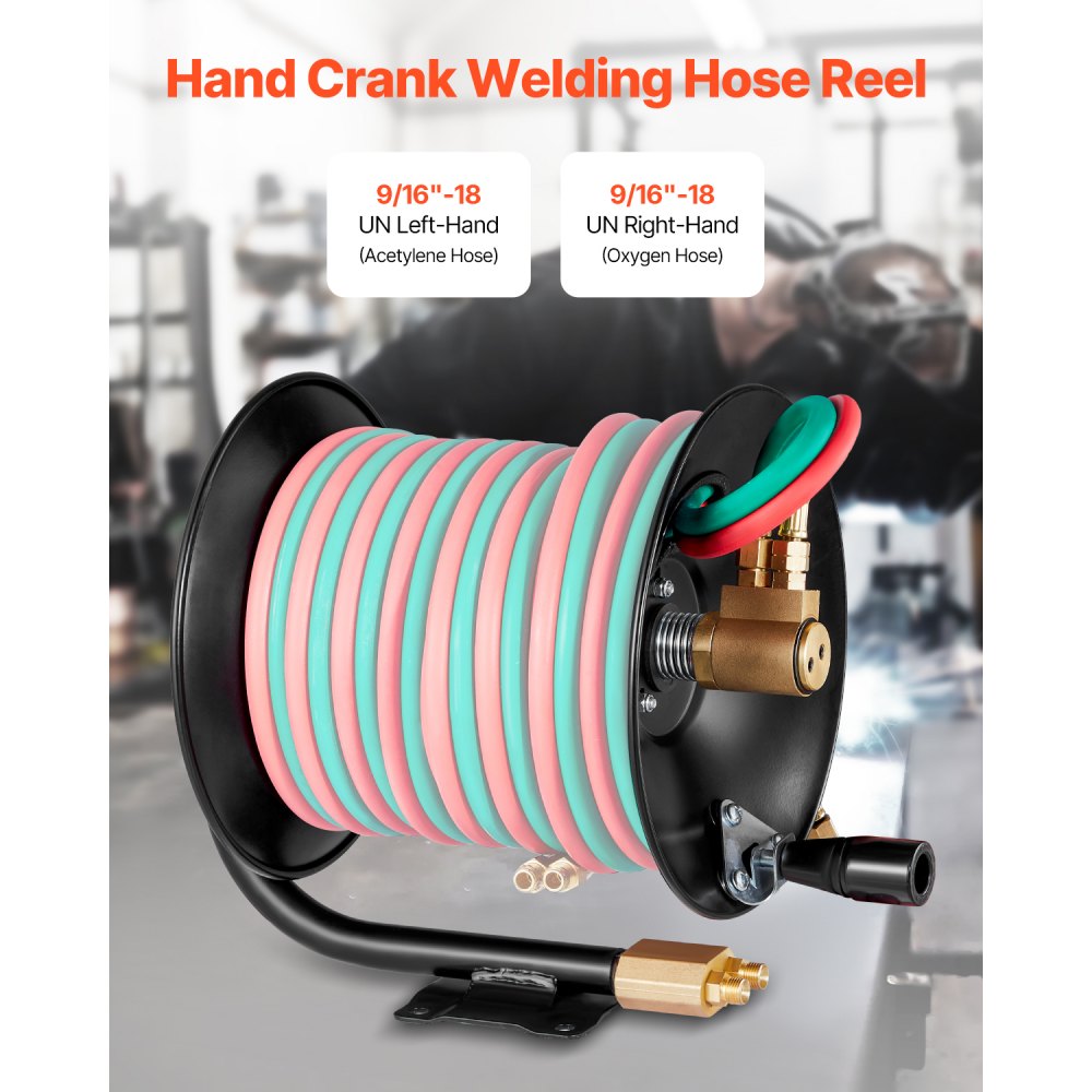 VEVOR Welding Hose Reel, Hand Crank Rewind Hose Reel with 3FT Lead-in Hose and 9/16"-18 B Fittings, Ceiling/Wall Mount