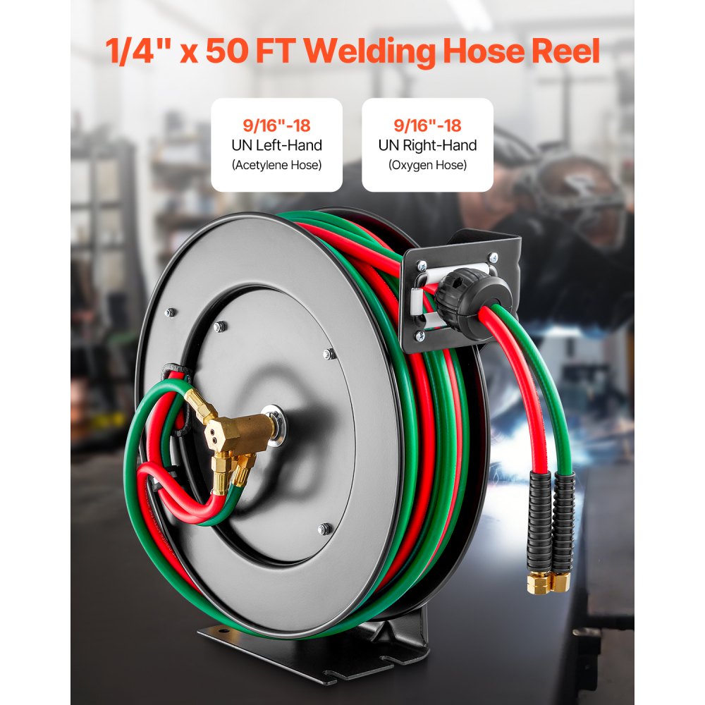 VEVOR Retractable Welding Hose Reel, 1/4-Inch x 50FT Twin Oxygen Acetylene Rubber Hose Max 300PSI - T Grade