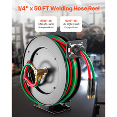 VEVOR Retractable Welding Hose Reel, 1/4-Inch x 50FT Twin Oxygen Acetylene Rubber Hose Max 300PSI - R Grade