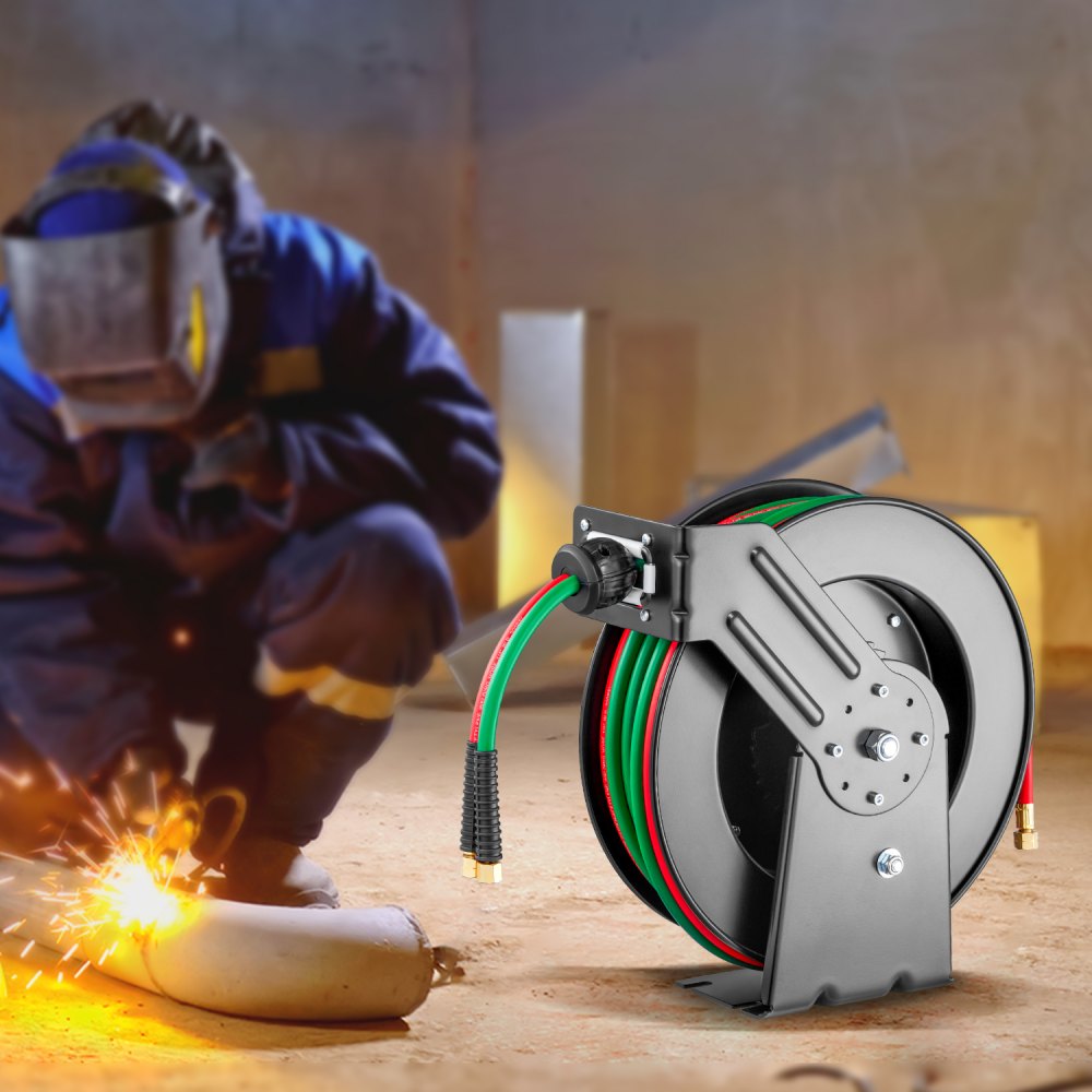 VEVOR Retractable Welding Hose Reel, 1/4-Inch x 50FT Twin Oxygen Acetylene Rubber Hose Max 300PSI - R Grade