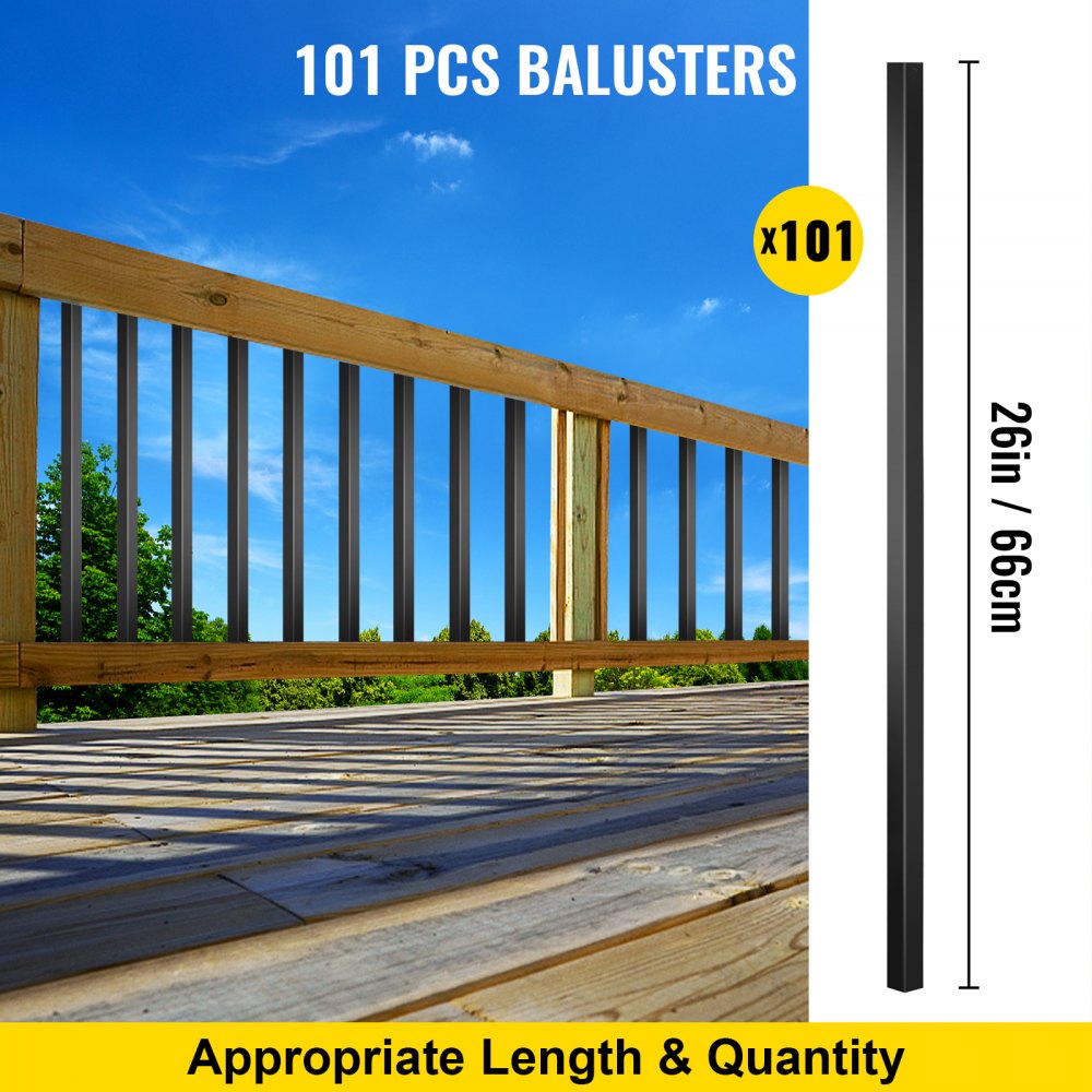 VEVOR Deck Balusters, 101 Pack Metal Deck Spindles, 26"x0.75" Staircase Baluster with Screws, Aluminum Alloy Deck