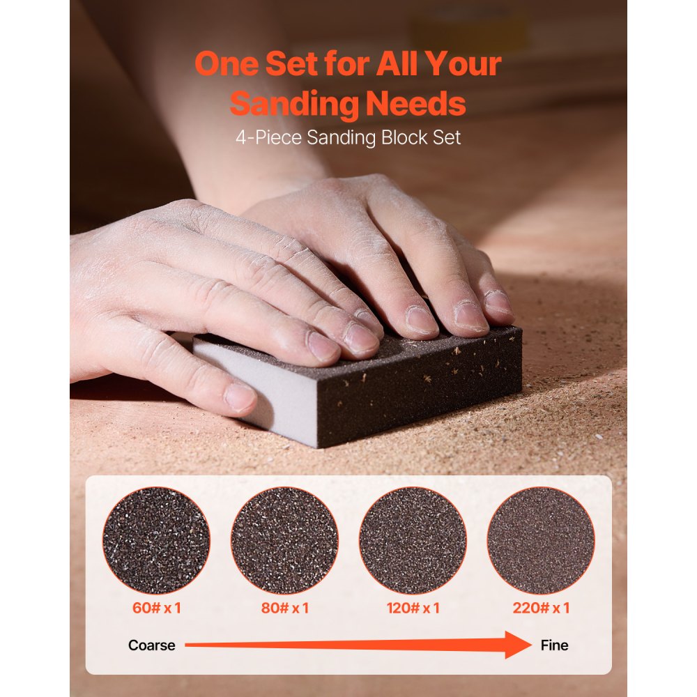 VEVOR Sanding Sponge, 4 Pcs, 60/80/120/220 Grit Assortment, Washable and Reusable Sanding Blocks for Dry & Wet Use