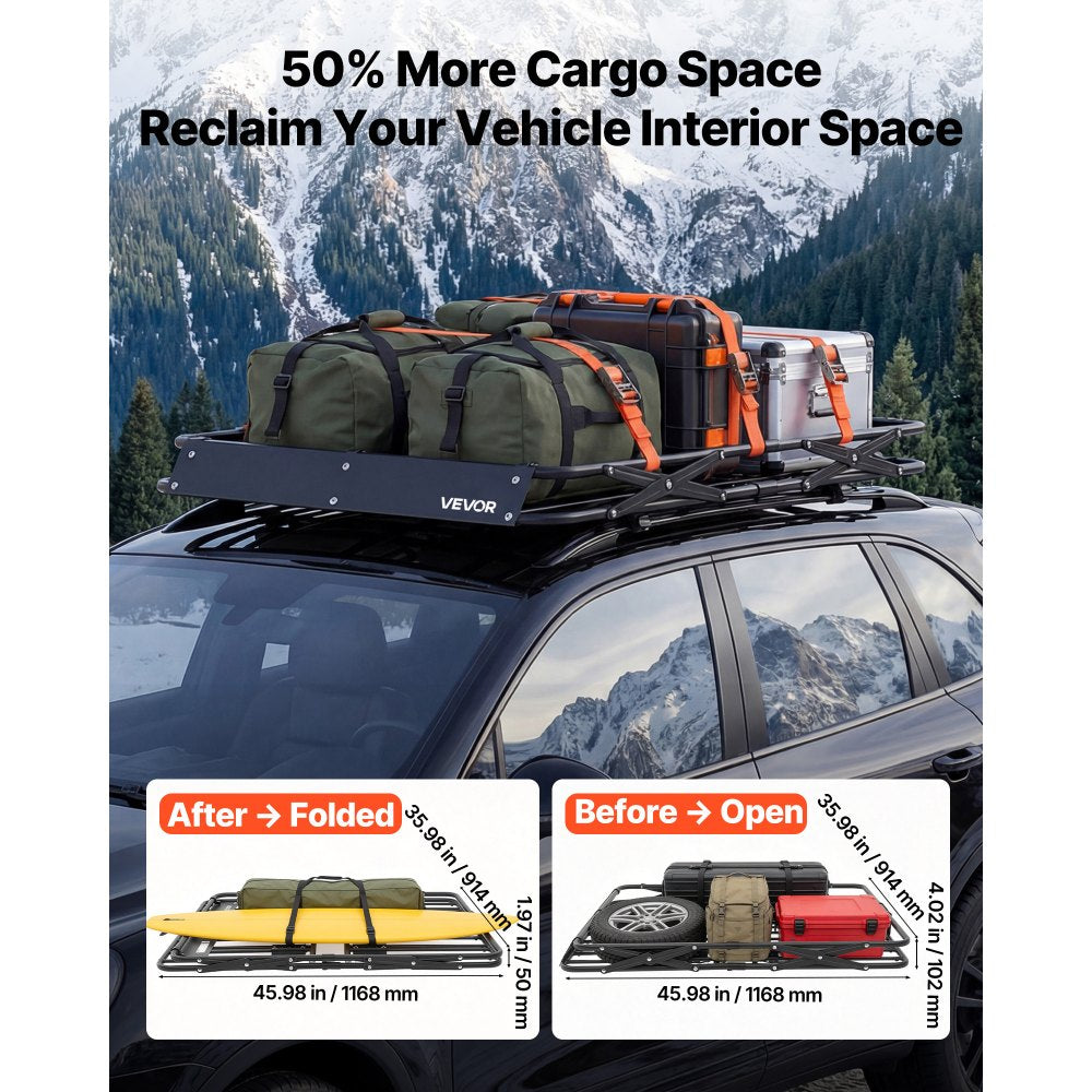 VEVOR Roof Rack Cargo Basket, 46 x 36 x 4 in, Heavy Duty Roof Top Carrier Basket with Folding Design, 200 lbs Capacity
