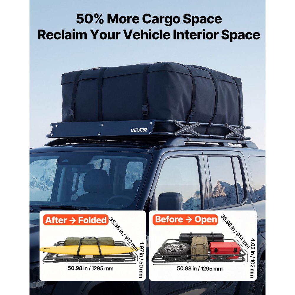 VEVOR Roof Rack Cargo Basket, 51 x 36 x 4 in, Heavy Duty Roof Top Carrier Basket with Folding Design, 200 lbs Capacity