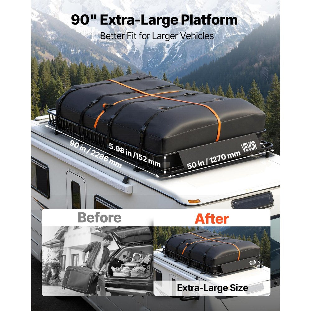 VEVOR Roof Rack Cargo Basket, 90 x 50 x 6 in, Heavy Duty Roof Top Carrier Basket with Waterproof Rooftop Bag, Ratchet