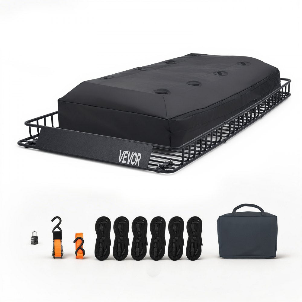 VEVOR Roof Rack Cargo Basket, 90 x 50 x 6 in, Heavy Duty Roof Top Carrier Basket with Waterproof Rooftop Bag, Ratchet