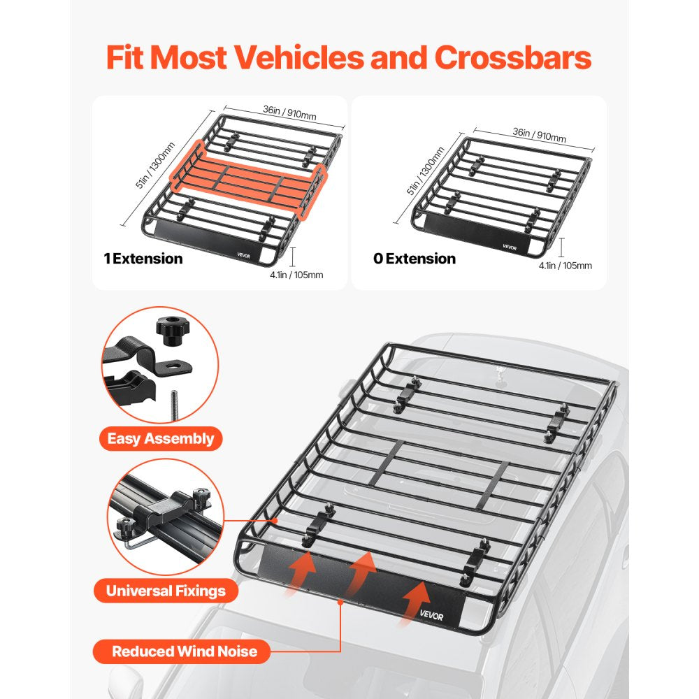 VEVOR Roof Rack Basket, 51 x 36 x 4.1 in, Universal Rooftop Cargo Carrier with 1120 x 870 x 260 mm Cargo Bag, Net