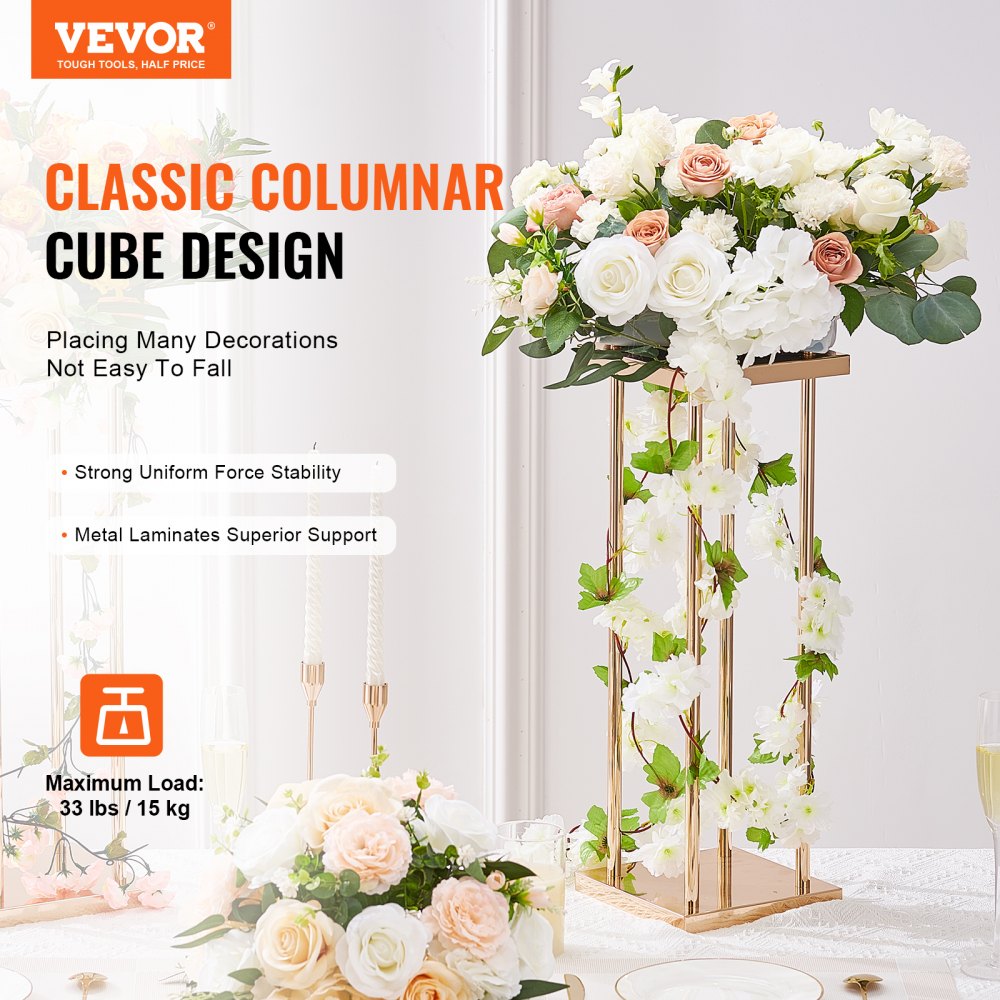VEVOR 4PCS Gold Metal Column Wedding Flower Stand, 23.6inch High With Metal Laminate, Vase Geometric Centerpiece