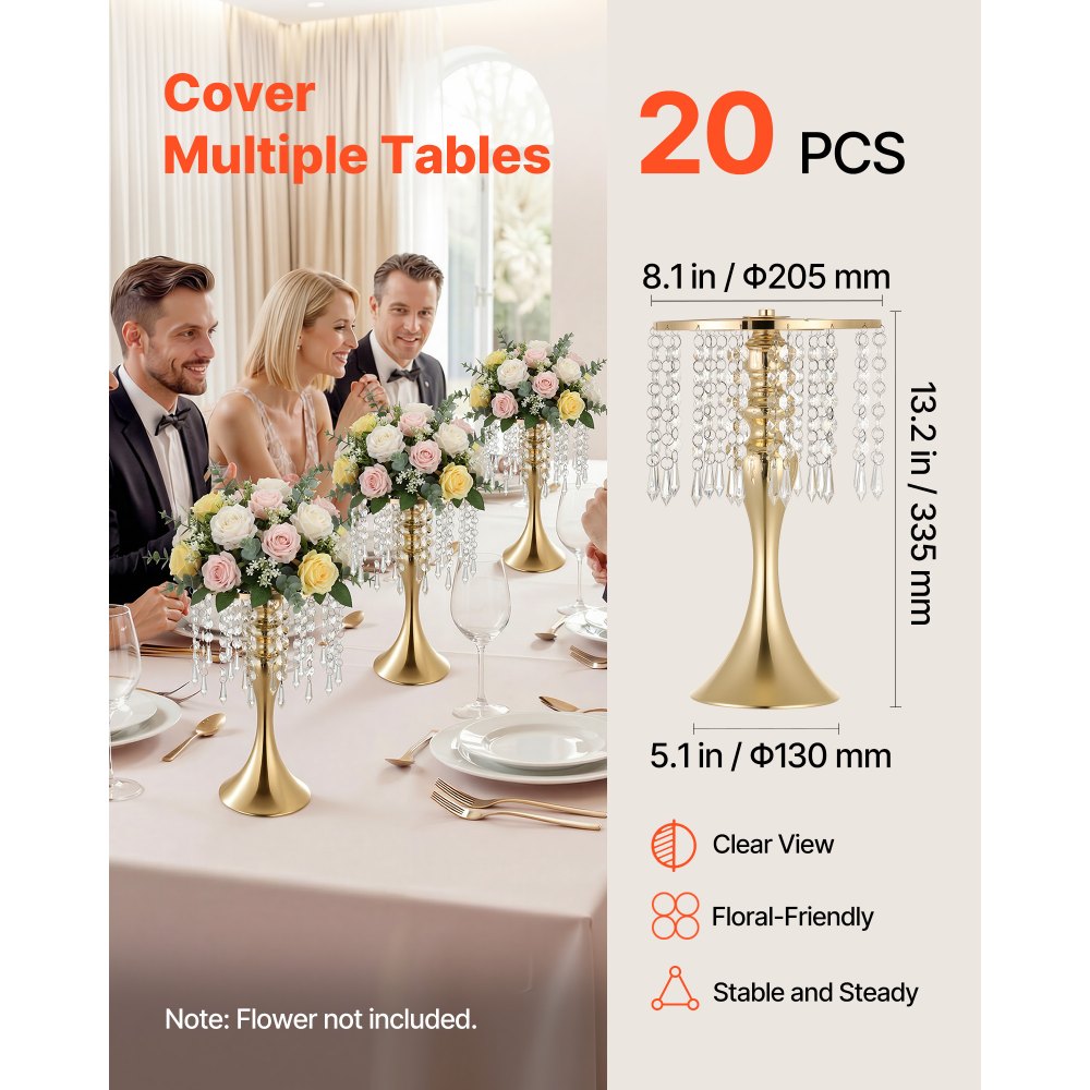 VEVOR 20 PCS Wedding Flower Vase, 13.4 in Tall Flower Table Centerpieces, Crystal Banquet Vases Easy Installation