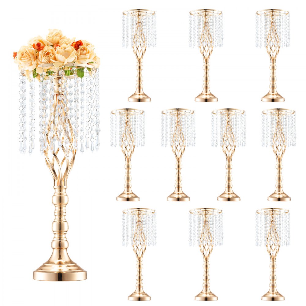 VEVOR 10PCS 55cm/21.65" Tall Crystal Wedding Flower Stand, Metal Wedding Centerpiece Vase, Gold Flower Holders Floral
