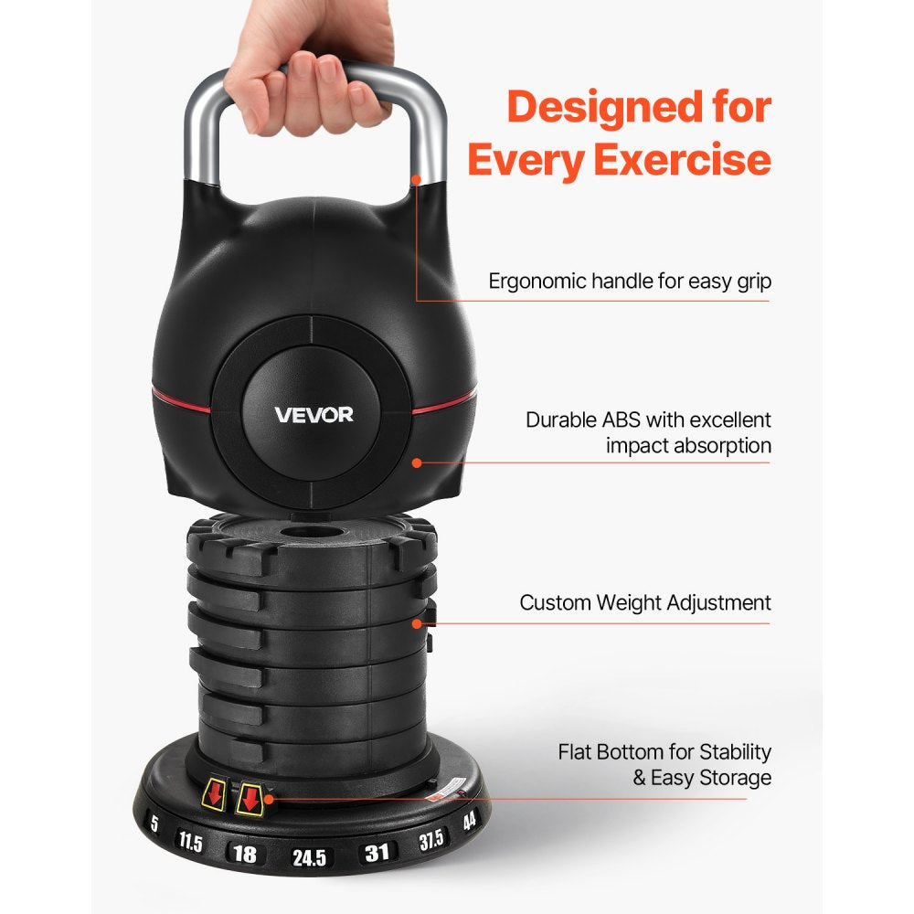 VEVOR Kettlebell, Adjustable Kettlebell with 7 Weight Levels (5, 11.5, 18, 24.5, 31, 37.5, 44 lbs), Die-Cast Aluminum