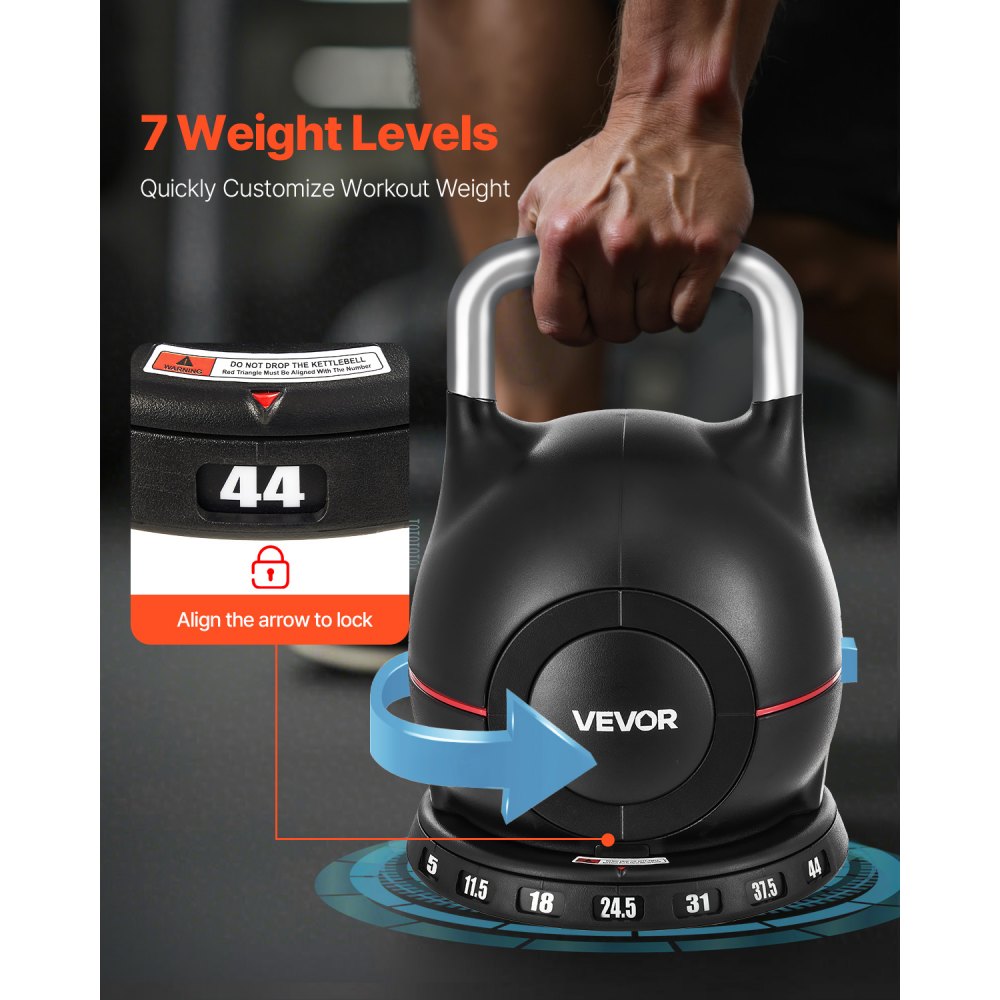 VEVOR Kettlebell, Adjustable Kettlebell with 7 Weight Levels (5, 11.5, 18, 24.5, 31, 37.5, 44 lbs), Die-Cast Aluminum