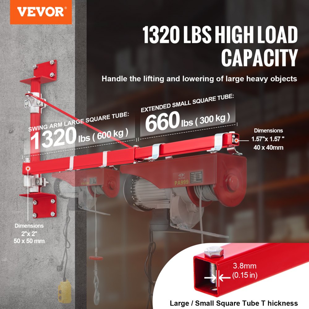 VEVOR Electric Hoist Support Arm, 1320 lbs Max Load Capacity, Electric Hoist Holder Swing Arm with Pole, Steel Hoist