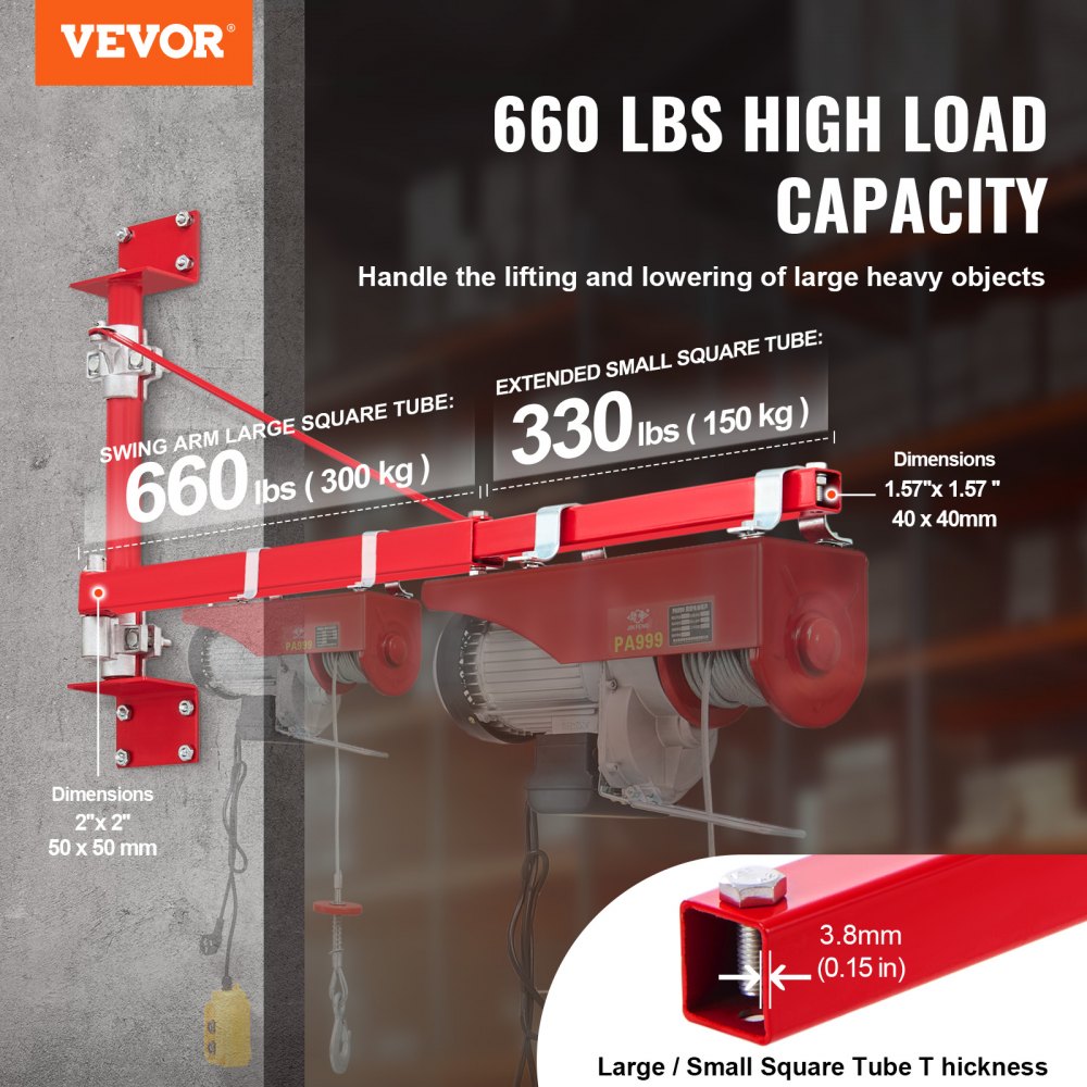 VEVOR Electric Hoist Support Arm, 660 lbs Max Load Capacity, Electric Hoist Holder Swing Arm with Pole, Steel Hoist