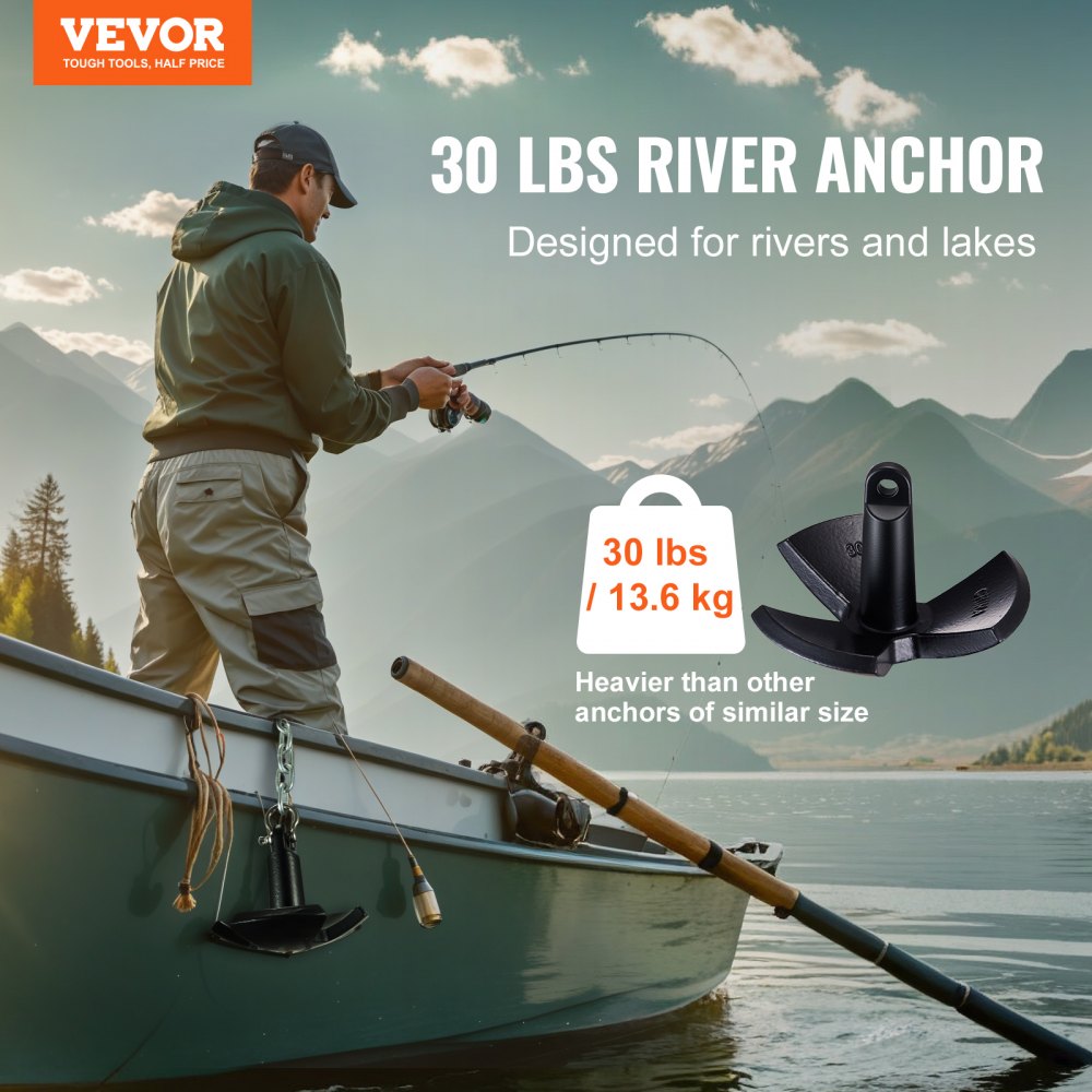 VEVOR River Anchor, 30 LBS Boat Anchor Cast Iron Black Vinyl-Coated, Marine Grade Mushroom Anchor for Boats Up To 30