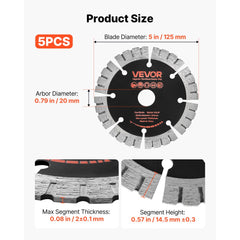 VEVOR Diamond Blades 5 inch, 5-Pack Wall Chaser Saw Blade Cutting Blade, 0.79 in Arbor, High-Hardness Diamond Segments