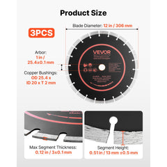 VEVOR Diamond Blades 12 inch, 3-Pack Concrete Saw Blade Set, 1 in Arbor, High-Hardness Diamond Segments, 65Mn Steel