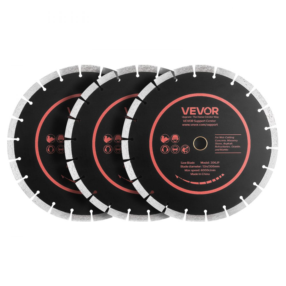 VEVOR Diamond Blades 12 inch, 3-Pack Concrete Saw Blade Set, 1 in Arbor, High-Hardness Diamond Segments, 65Mn Steel