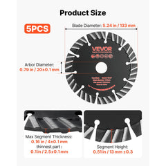 VEVOR Diamond Blades 5.24 inch, 5-Pack Wall Chaser Saw Blade Cutting Blade, 0.79 in Arbor, High-Hardness Diamond
