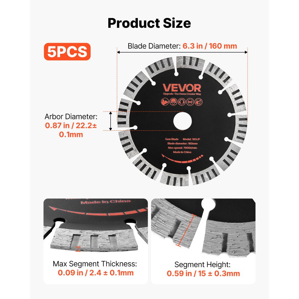 VEVOR Diamond Blades 6.3 inch, 5-Pack Wall Chaser Saw Blade Cutting Blade, 0.87 in Arbor, High-Hardness Diamond