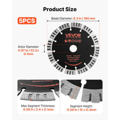 VEVOR Diamond Blades 6.3 inch, 5-Pack Wall Chaser Saw Blade Cutting Blade, 0.87 in Arbor, High-Hardness Diamond
