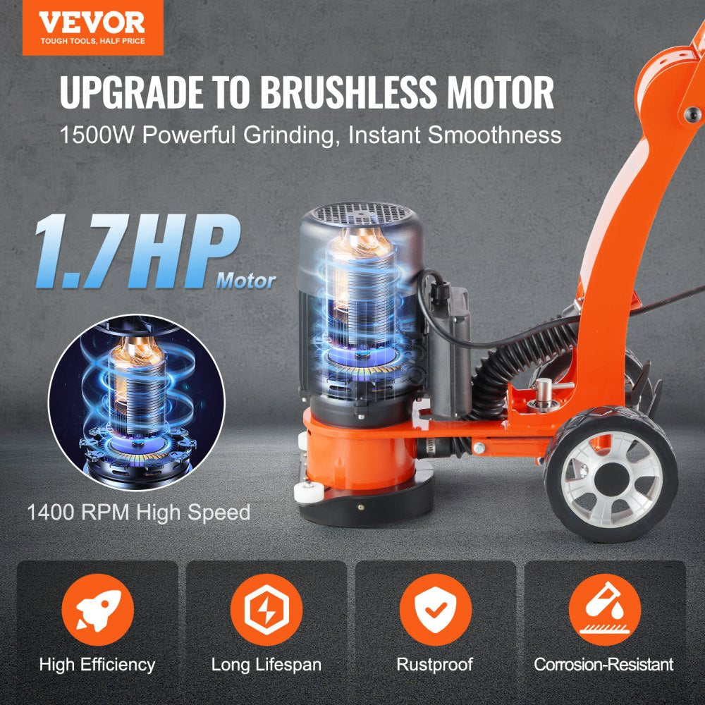 VEVOR Electric Concrete Floor Grinder 7" Walk-Behind Grinder 1.7HP Concrete Floor Polisher, 1300W Grinding Machine