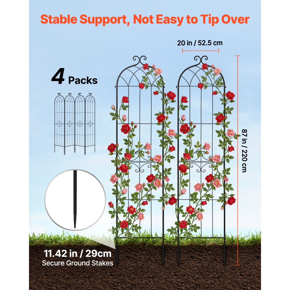 VEVOR Garden Trellis, 87 x 20 inch Rose Trellis, 4 Packs Garden Flower Rose Trellises with Powder-Coated Finish &