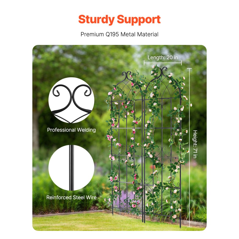 VEVOR Garden Trellis for Climbing Plants, 71 x 20 in, 2 Packs Rustproof Metal Garden Flower Trellis, Outdoor Climbing