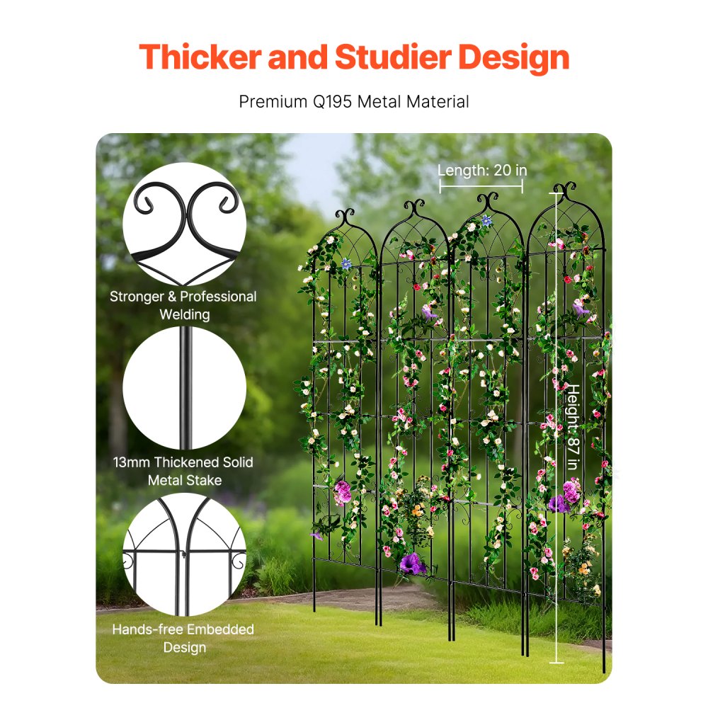 VEVOR Garden Trellis for Climbing Plants, 87 x 20 in, 4 Packs Rustproof Metal Garden Flower Trellis, Outdoor Climbing