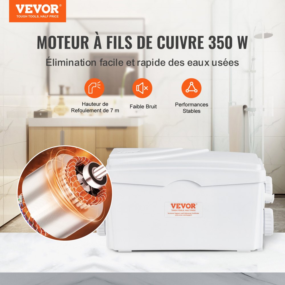 VEVOR Macerator Pump, 350W, 6000 L/h Flow, 23 ft/7 m Head, Macerator Sewerage Sump Pump with 3 Water Inlets for