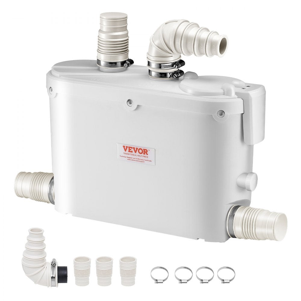 VEVOR Macerator Pump, 500W, 29 GPM Flow, 26 ft/8 m Head, Macerator Sewerage Toilet Pump with 4 Water Inlets, Waste