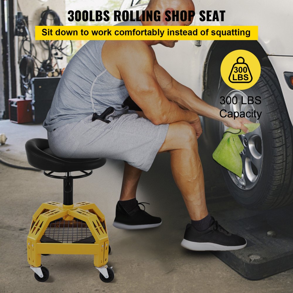 VEVOR Rolling Garage Stool, 300LBS Capacity, Adjustable Height from 24 in to 28.7 in, Mechanic Seat with 360-degree