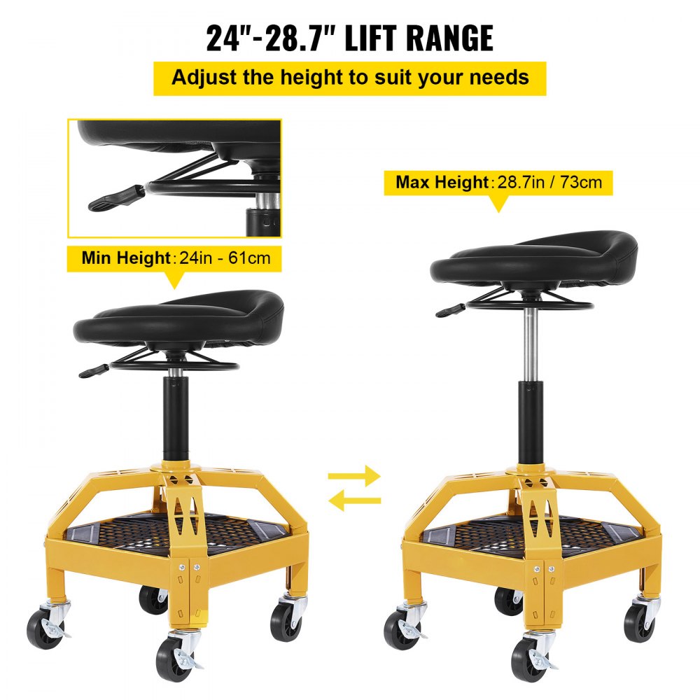 VEVOR Rolling Garage Stool, 300LBS Capacity, Adjustable Height from 24 in to 28.7 in, Mechanic Seat with 360-degree