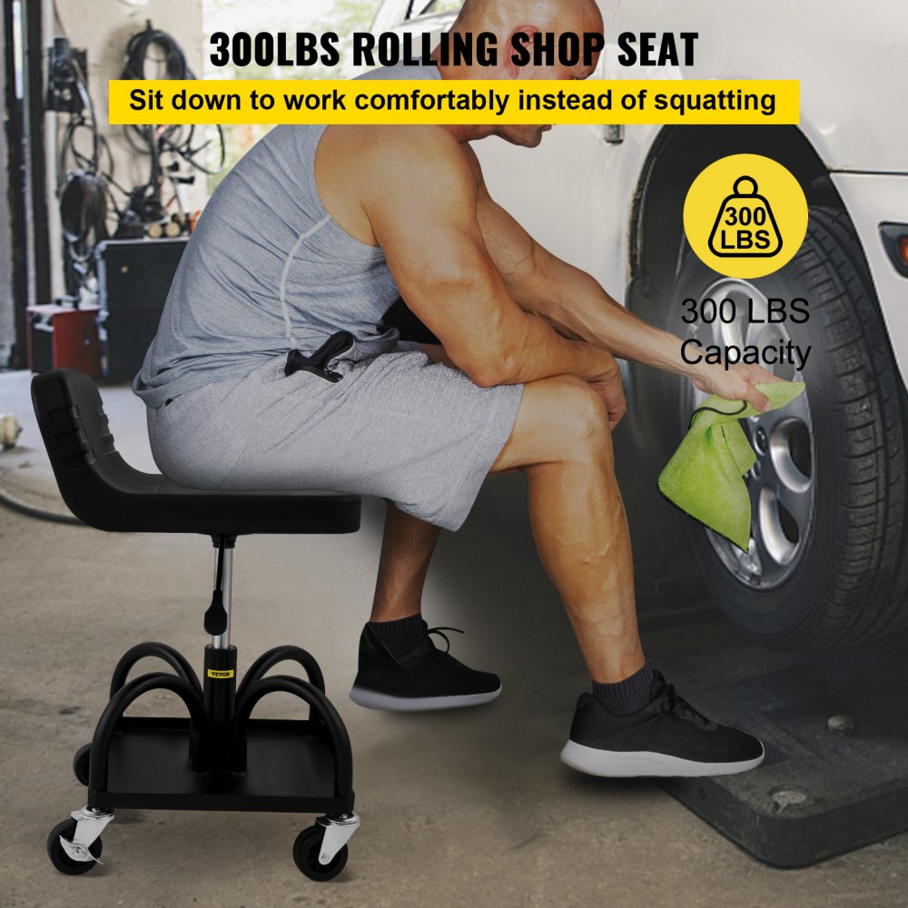 VEVOR Rolling Garage Stool, 300LBS Capacity, Adjustable Height from 15.7 in to 20.5 in, Mechanic Seat with 360-degree
