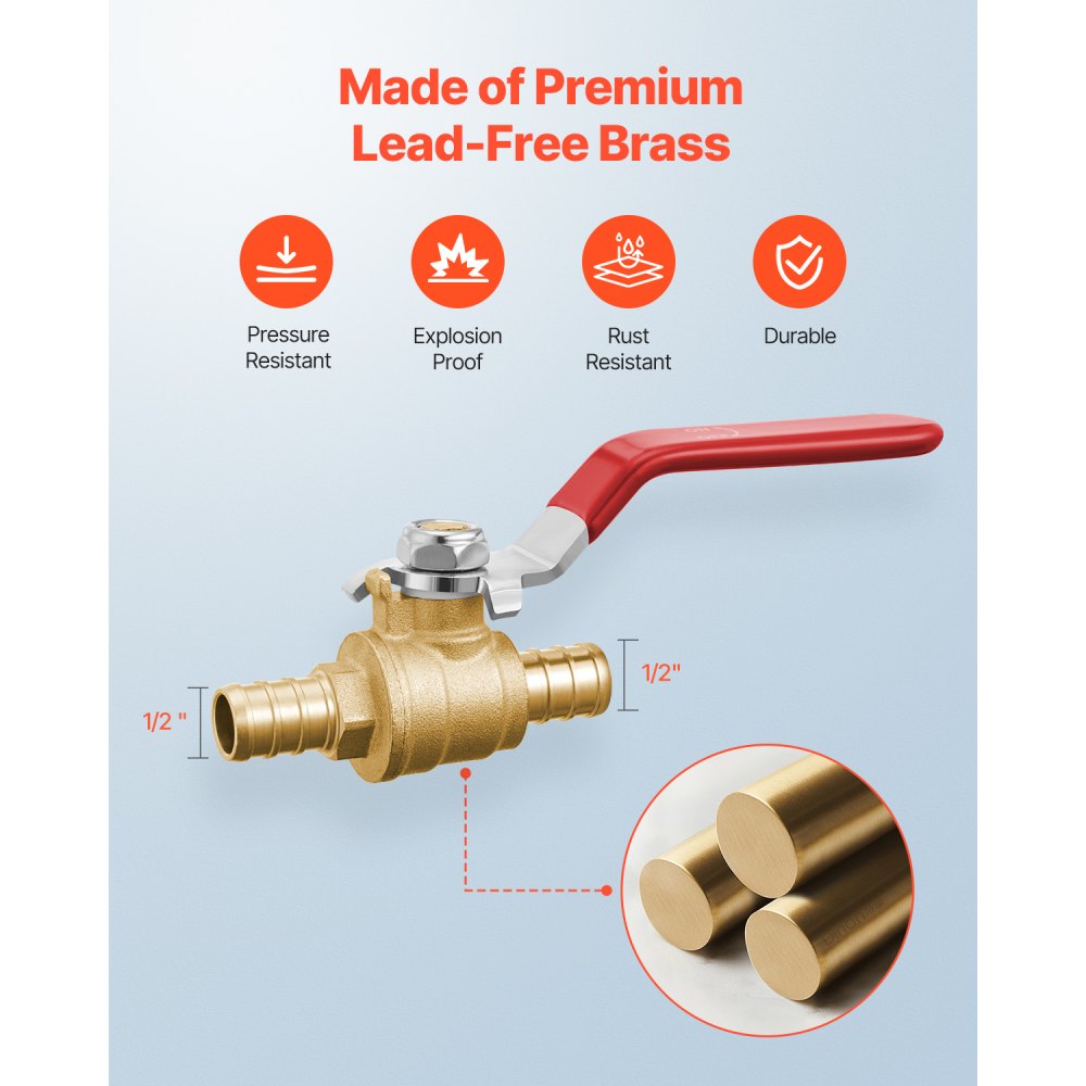 VEVOR PEX Ball Valve, 10 Pieces, 1/2 in PEX Brass Ball Valve, PEX Full Port Brass Ball Valves, Quarter Turn Hot (Red)