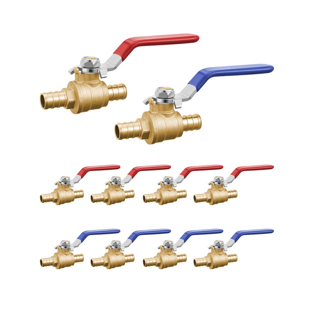 VEVOR PEX Ball Valve, 10 Pieces, 1/2 in PEX Brass Ball Valve, PEX Full Port Brass Ball Valves, Quarter Turn Hot (Red)