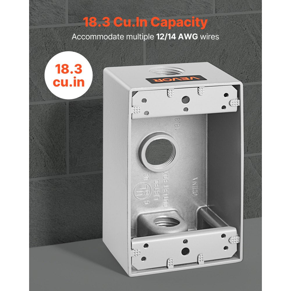 VEVOR Outdoor Electrical Box, 4.5 x 2.8 x 2 in, Weatherproof Outlet Junction Box, Suitable 1/2-Inch or 3/4-Inch