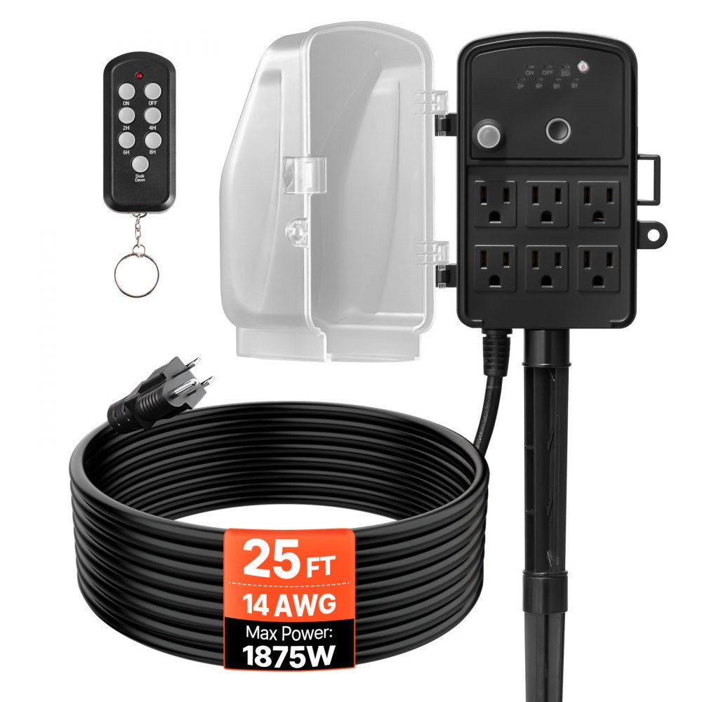 VEVOR Outdoor Power Stake, 25FT Extension Cord, Outdoor Power Strip Weatherproof with Cover, Remote Control Dusk to