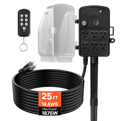 VEVOR Outdoor Power Stake, 25FT Extension Cord, Outdoor Power Strip Weatherproof with Cover, Remote Control Dusk to