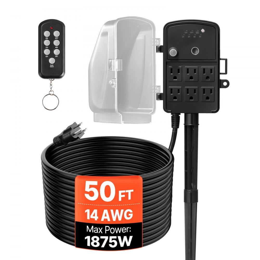 VEVOR Outdoor Power Stake, 50FT Extension Cord, Outdoor Power Strip Weatherproof with Cover, Remote Control Dusk to