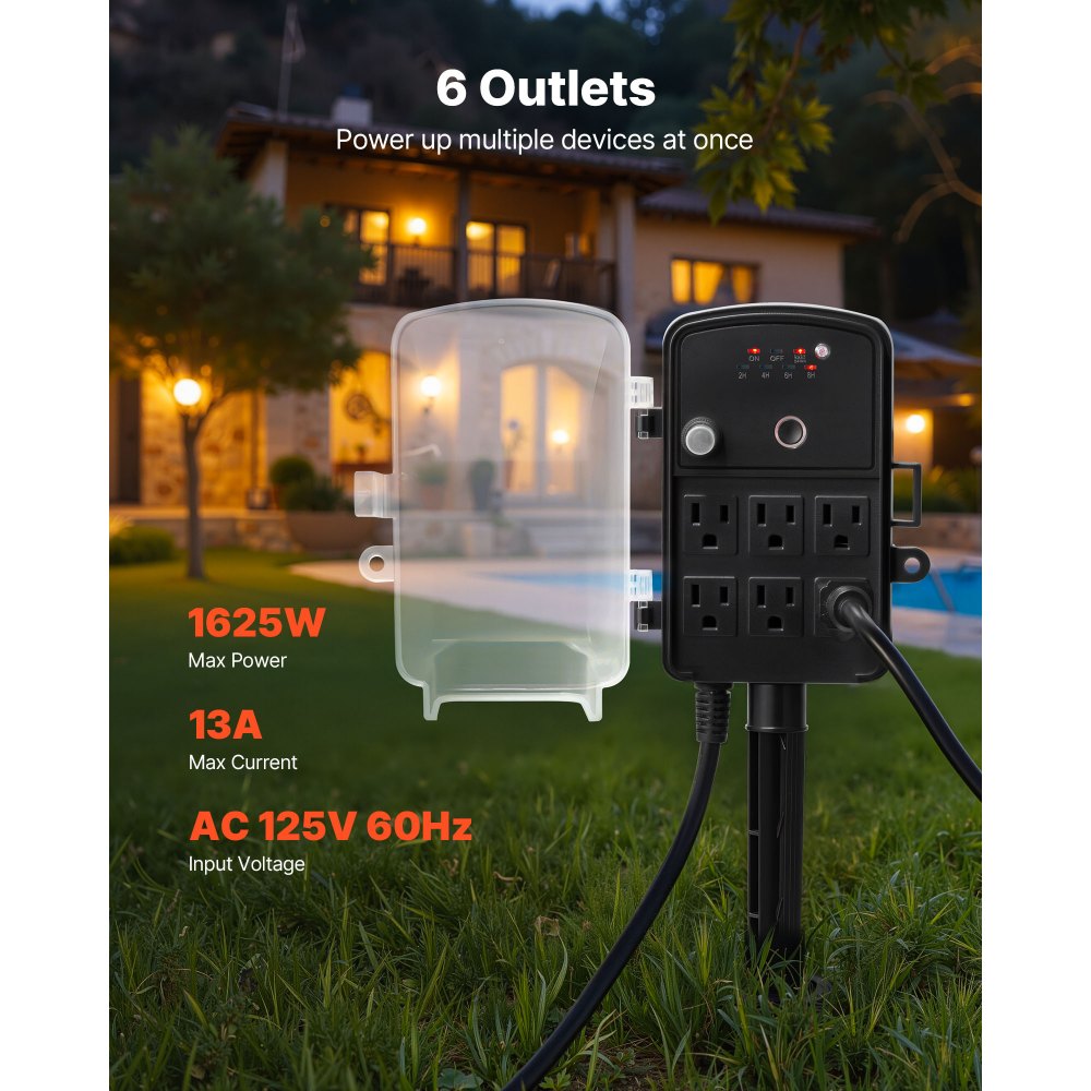 VEVOR Outdoor Power Stake, 100FT Extension Cord, Outdoor Power Strip Weatherproof with Cover, Remote Control Dusk to